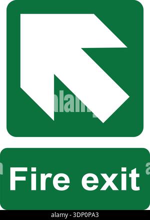 Green and white vector graphic of a fire exit sign. It consists of an arrow pointing up and left in the direction of escape and a label with the text Stock Vector