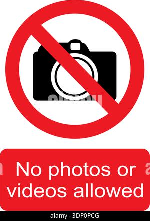 Black, white and red vector graphic of No photos or videos allowed prohibited warning sign Stock Vector