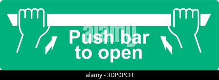 Green and white vector graphic of a Push bar to open sign. Showing how to open a fire door Stock Vector