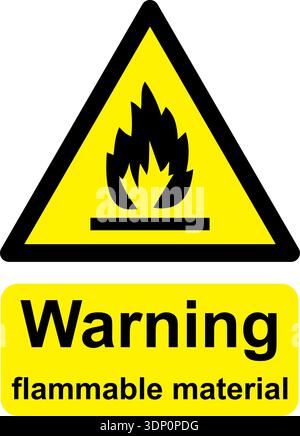Black and yellow vector graphic of Warning Flammable Material warning sign. It consists of a symbol in a triangle above warning text. Stock Vector
