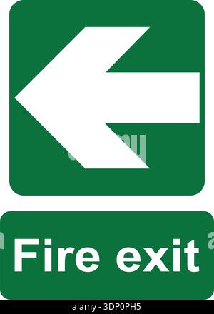 Green and white vector graphic of a fire exit sign. It consists of an arrow pointing left in the direction of escape and a label with the text Fire Ex Stock Vector