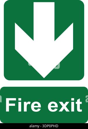 Green and white vector graphic of a fire exit sign. It consists of an arrow pointing down in the direction of escape and a label with the text Fire Ex Stock Vector
