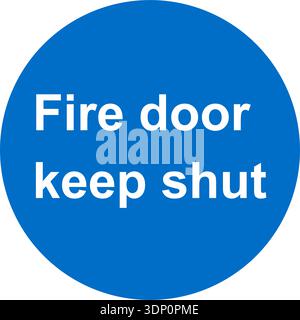 Blue and white vector graphic of a Fire door keep shut sign. It consists of a blue circle and information text Stock Vector