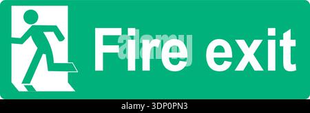 Green and white vector graphic of a fire exit sign. It consists of a person in a firedoor and a label with the text Fire Exit. Stock Vector