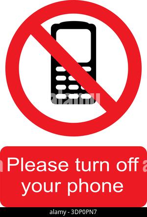 Black, white and red vector graphic of Please turn off your phone prohibited warning sign Stock Vector