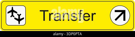 Yellow and black vector graphic of airport information terminal sign showing the direction of transferring passengers Stock Vector