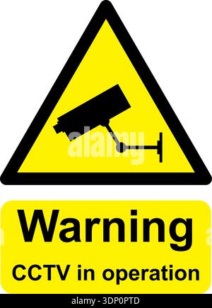 Black and yellow vector graphic of Warning CCTV in Operation warning sign. It consists of a symbol in a triangle above warning text. Stock Vector