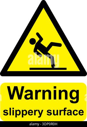Black and yellow vector graphic of Warning Slippery Surface warning sign. It consists of a symbol in a triangle above warning text. Stock Vector