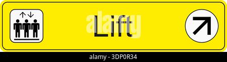 Yellow and black vector graphic of airport information terminal sign showing the direction of the lifts Stock Vector