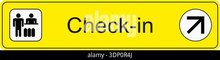 Yellow and black vector graphic of airport information terminal sign showing the direction of the check in desk Stock Vector