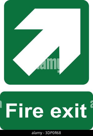Green and white vector graphic of a fire exit sign. It consists of an arrow pointing up and right in the direction of escape and a label with the text Stock Vector