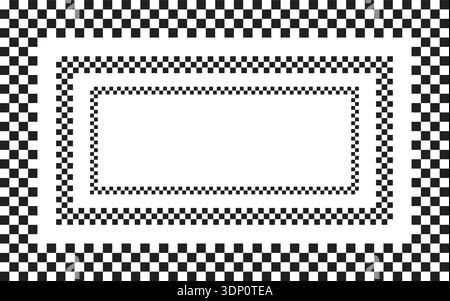 Set of rectangle frames with checkered black and white print. Rectangular vignettes with checkerboard, race flag or chess board textures isolated on Stock Vector