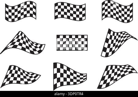Set of wavy rally flags without sticks with checkered black and white texture. Start or finish signals on sport car competitions. Rally, karting or Stock Vector