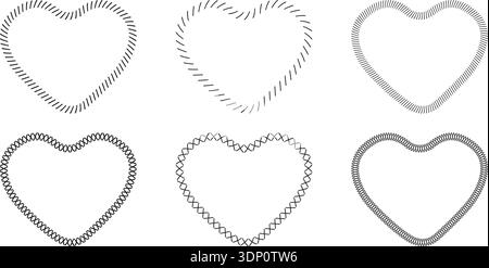 Set of heart shaped frames with half and crossed stitch print. Romantic patch embroidery ornaments isolated on white background. Simple sewing Stock Vector