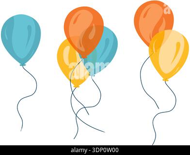 Blue, yellow and red helium balloons with strings isolated on white background. Birthday celebration symbols. Elements for party decoration. Vector Stock Vector