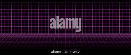 Neon laser pink wall and floor wireframe of room or studio on black background. Grid space structure in virtual reality, retrofuturistic or cyberpunk Stock Vector