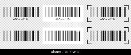 Set of barcode tag samples with scanner frames. Bar code labels isolated on transparent background. Stickers with visual presentation of digital data Stock Vector