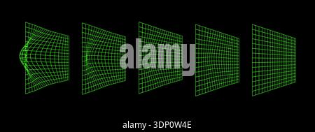 Set of green neon warped wireframes. Process of grid distortion. Meshes with convex effect. Geometric deformation. Bented VR, retrofuturistic or Stock Vector