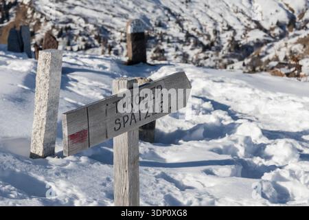 Tiroler Spätzle sign at Passo Giau, Dolomites, Italy Stock Photo