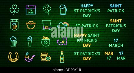 Saint Patricks Day Neon Set Stock Vector