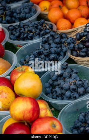 Apples, Grapes and clementine oranges on display at a colourful greengrocers market stall selling fresh fruits in Southampton city centre, UK Stock Photo