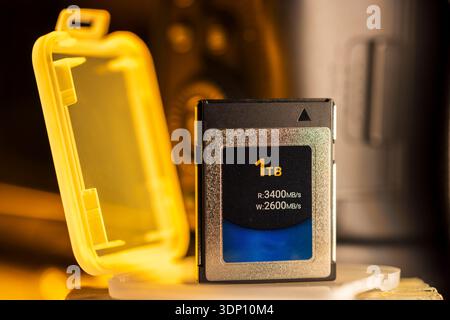 CFexpress type B memory card displaying 1TB storage for professional photography Stock Photo