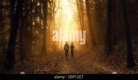 Two people walking in magical golden light in the woods in winter. Friends or a couple on a hike in the illuminated fog in the forest. Stock Photo