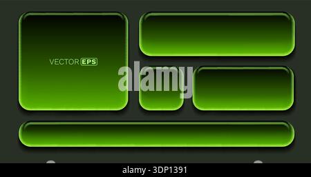 Glowing green neon buttons and frames on a dark background. Modern UI elements for web design. Vector illustration Stock Vector