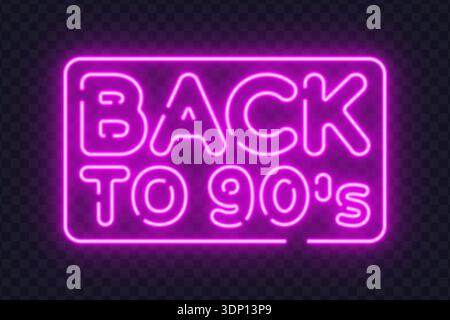 Neon vector illustration featuring the text back to 90s in pink color. Ideal for retro themes, nostalgic designs, and event posters. Stock Vector