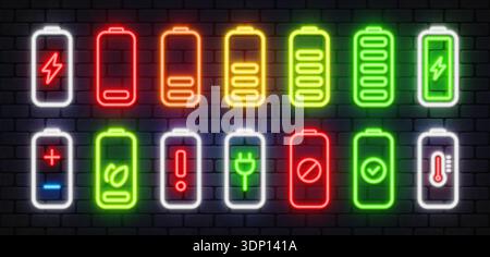 Neon vector collection of battery charge indicators with various status symbols. Bright glowing levels show power, warning, eco mode and full capacity Stock Vector