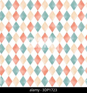 Seamless watercolor harlequin pattern with rhombus and diamond shapes. Geometric argyle ornament for fabric, textile, wallpaper and wrapping paper. Ci Stock Photo
