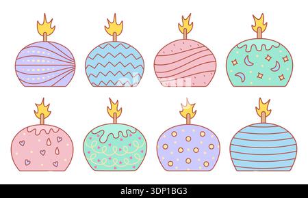 Color retro round candle set. Decorated candle doodles with abstract psychedelic patterns, melted wax and flame. Various cliparts for cozy atmosphere Stock Vector