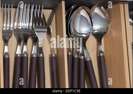 Neatly arranged stainless steel forks and spoons with dark handles in a wooden kitchen drawer organizer. Modern home kitchen storage and utensil setup Stock Photo