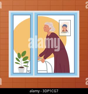 Abandoned lonely elderly. Lonely woman in window, forgotten by her family. Grandmother in her apartment. Vector illustration. Stock Vector