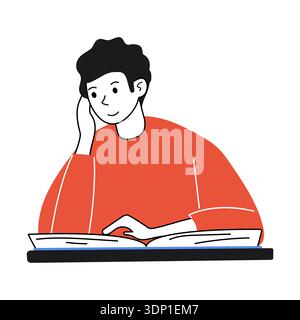 Reading interesting book. Young man sits at table and reads book. Doodle vector. Intellectual hobby, quiet evening, student life. Stock Vector