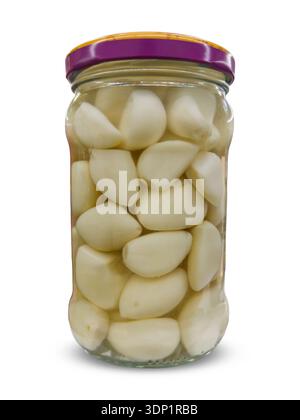 Garlic cloves in brine in glass jar isolated on white with clipping path included Stock Photo