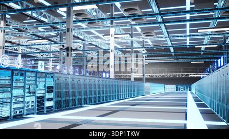 Data processing, high tech equipment and VFX compositing in server room. Blue wireframe 3D render scan of data center supercomputers used for computational firepower and massive storage capabilities Stock Photo