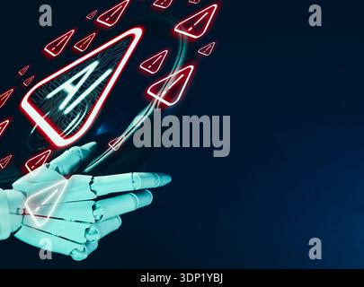 Robot holding hand on steering wheel. Virtual screen with AI icon and warning signs. Artificial intelligence safety Stock Photo