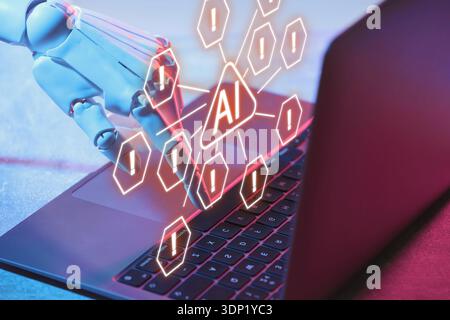 Robot using laptop, virtual screen above computer showing scheme with AI icon and warning notifications. Artificial intelligence safety Stock Photo