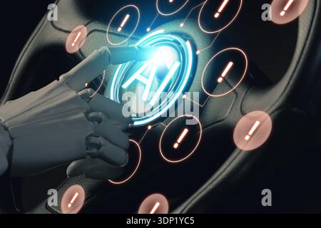Robot operating car. Virtual screen with AI icon and warning notifications on steering wheel. Artificial intelligence safety Stock Photo
