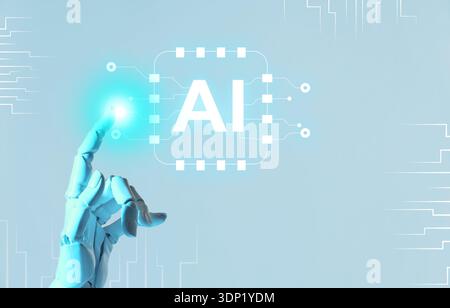 Robotic hand touching virtual AI microchip against grey background. Artificial intelligence technology Stock Photo
