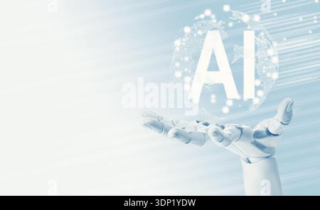 Robotic hand holding virtual globe with AI abbreviation against light grey gradient background. Artificial intelligence technology Stock Photo