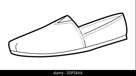 Espadrille flat shoe women single line. Minimal slip on canvas footwear for beach trip relaxed weekend look. Technical fashion illustration CAD mockup clean vector man unisex isolated modern style. Stock Vector