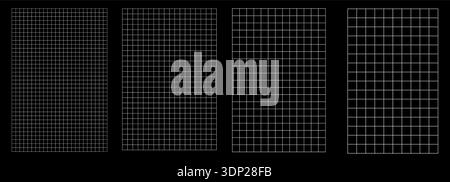 Set of simple square grid blueprints on black background in four scales from large to tiny. Thin lines form clean graph paper for engineering sketches, school math exercises technical. Versatile pack Stock Vector