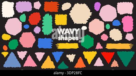 Set of Wavy organic shapes collection black background. Irregular blobby silhouettes, scalloped geometry and amoeba forms for playful branding, poster composition collage. Abstract vector illustration Stock Vector