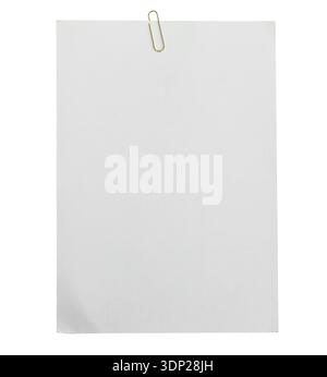Empty note paper, wedding stationery mockup with golden paper clip. Message reminder A6 card template isolated on transparent background. White paper Stock Photo