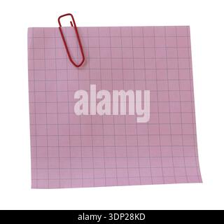 Empty note paper mockup with red paper clip. Message reminder square card template isolated on transparent background. Pink checked paper texture Stock Photo