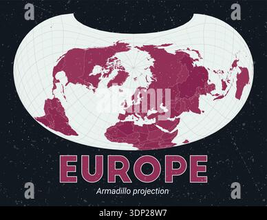 Europe. World map. Armadillo projection centered on Europe. Pale Mint Dark Pink palette. Vintage texture. Captivating vector illustration. Stock Vector