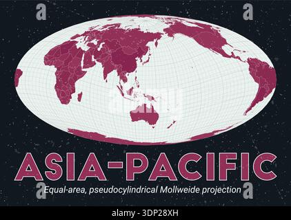Asia-Pacific world map. Equal-area, pseudocylindrical Mollweide projection centered on the Asia-Pacific region. Stock Vector