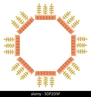 Cute circular frame made of potted plants with green plants. Flat hand drawn vector illustration isolated on white background, ideal for gardening Stock Vector